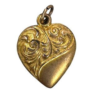Vintage Brass Etched Art Deco Gold-Toned Heart Pendant Charm Ornate Design .75"